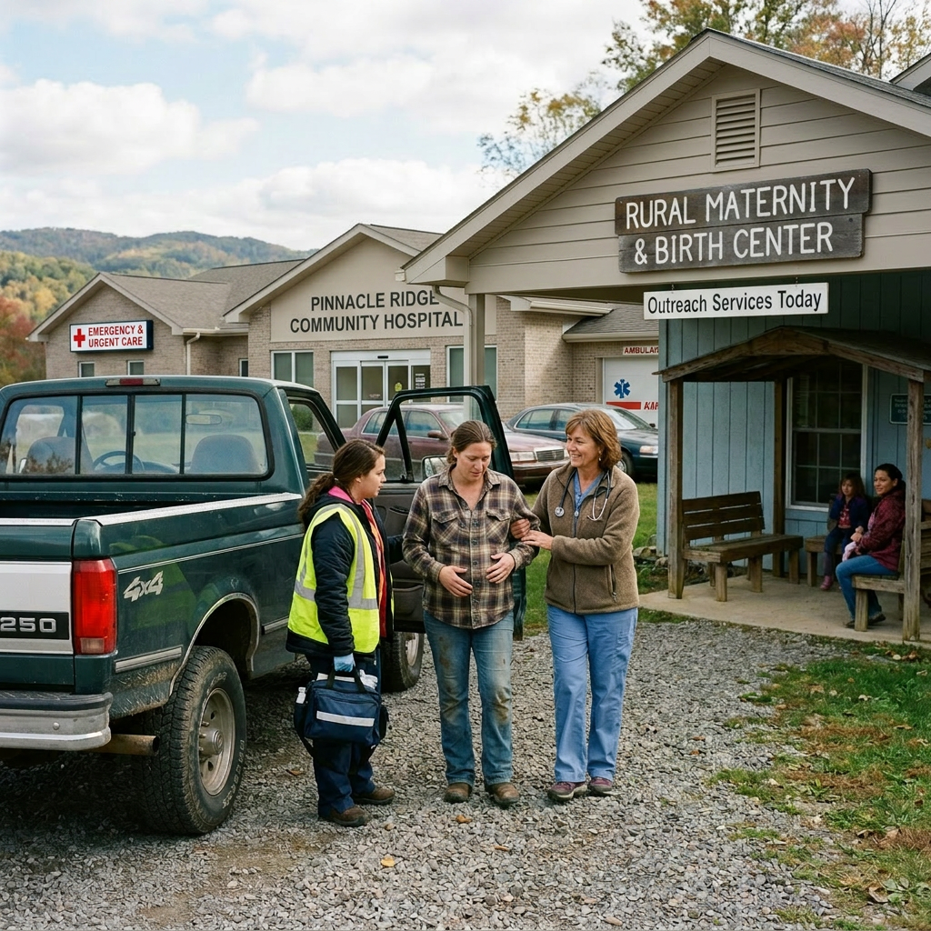 Two healthcare workers supporting a pregnant woman outside a rural maternity and birth center