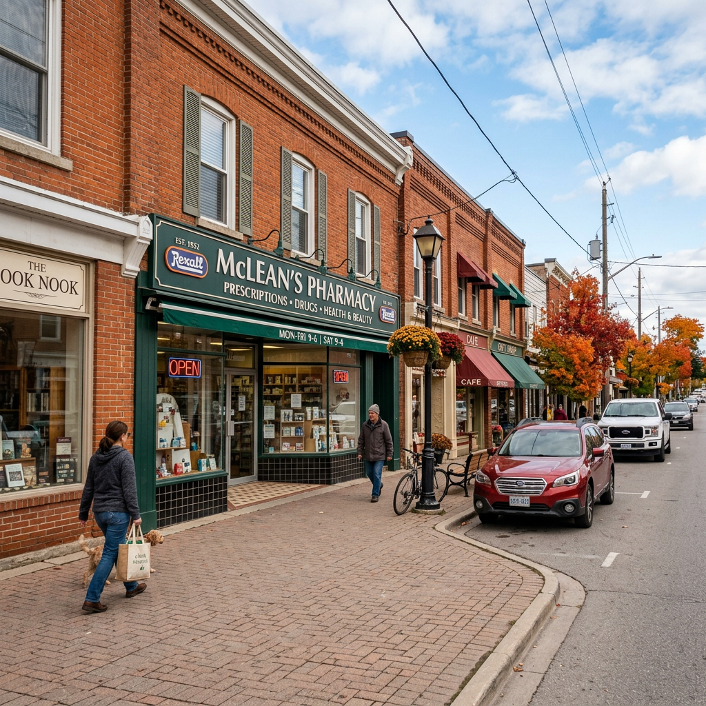 Street view of McLean's Pharmacy and nearby shops with pedestrians and cars in a small town