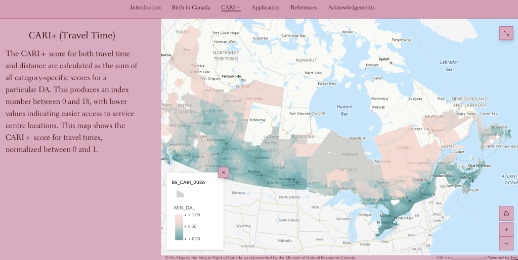 ArcGIS StoryMap for the Canadian Accessibility and Remoteness Index (CARI) for Obstetrical and Birth Services.